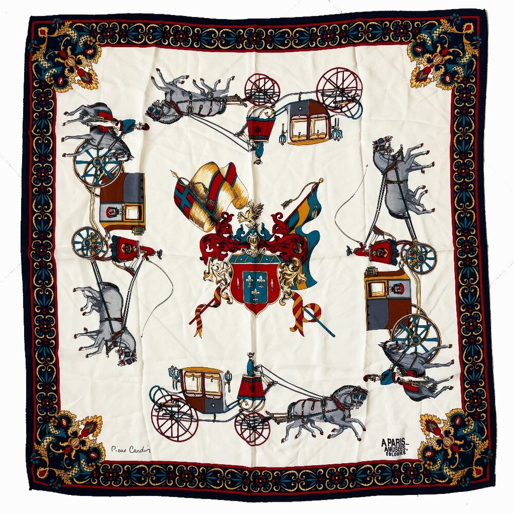 Pierre Cardin Scarf Shawl Silk APARIS AMUSEES EBLOUIES 34in Vintage Horse Buggy